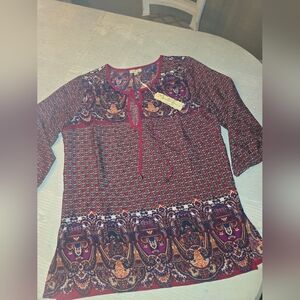 Women’s M Burgundy Paisley Tie-Neck Blouse Antilia Femme New